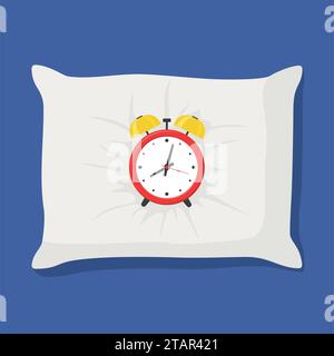 Sleep red alarm clock on white pillow isolated on blue background. Vector illustration. Stock Vector