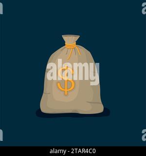 Money bag with US dollar sign isolated on dark blue background. full sack icon flat cartoon style vector illustration Stock Vector