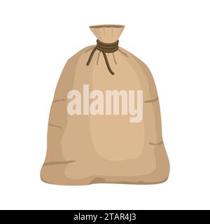 Big knotted sack full isolated on white background. Brown textile bag of potatoes or grain. Canvas sack closeup vector illustration. Stock Vector