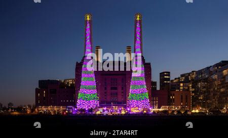 Undated handout photo issued by Apple of Christmas-themed artwork at Battersea Power Station in London, which is created by David Hockney. The artist, who is known for using a range of mediums including apps on iPhones, used an iPad Pro and Apple Pencil to create the design. Issue date: Saturday December 2, 2023. Stock Photo