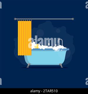 Bathtub with foam bubbles inside and bath yellow rubber duck and open shower curtain isolated on blue background. Bath time in flat style vector illus Stock Vector