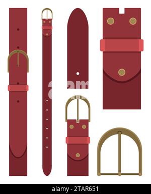 Burgundy belt with buckle isolated on white background. Element of clothing design. Belt trouser in flat style. Vector illustration Stock Vector