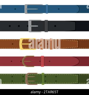 Set of different colored buttoned to buckle belts isolated on white background. Element of clothing design. Belt trouser in flat style. Vector illustr Stock Vector