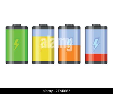 Set of battery level indicator vector icons. Glossy transparent Battery with lightning isolated on white background. Vector illustration Stock Vector