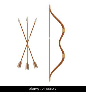 Bow and arrows isolated on white background. Archery or hunter tools. Vector illustration. Stock Vector