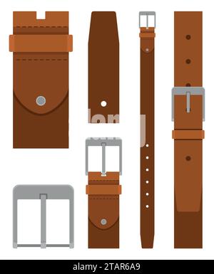 Brown leather belt with buckle isolated on white background. Element of clothing design. Belt trouser in flat style. Vector illustration Stock Vector