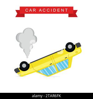Car crash and accident on white background. Upside-down car. Vector Illustration Stock Vector
