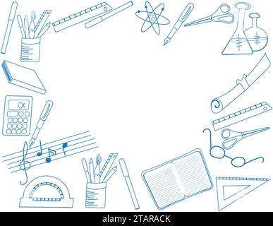 Label with centered copyspace and border of school supplies; contour of objects related to school arranged on border; Stock Vector