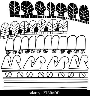 doodle design of ancient ornaments used to decorate prehistoric artifacts; monochrome line art illustration Stock Vector