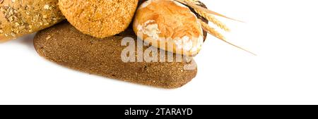 Bread and sweet pastries isolated on white background. Wide photo. Free space for text. Stock Photo