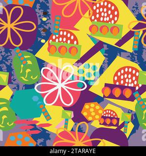 Seamless pattern with unusual random shapes oval and outlined flower; mixed irregular shapes, oval flower outline doodle pattern Stock Vector