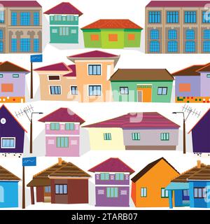 Rows of colorful village houses seamless pattern; romanian village houses , doodle style vector seamless pattern Stock Vector