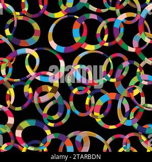 Tangled colorful 3d circles seamless pattern on black background; chain colorful pattern Stock Vector