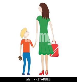 Mother and child holding hands; Isolated mother and child holding hands and watching each other; Stock Vector