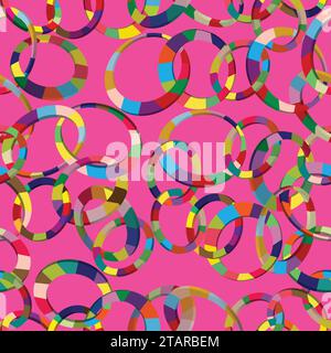 Tangled colorful 3d circles seamless pattern on pink background; chain colorful pattern Stock Vector