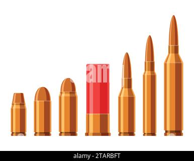 Cartridges vector set. A collection of bullets isolated on white background. Weapon ammo types and size in flat style. Vector illustration Stock Vector