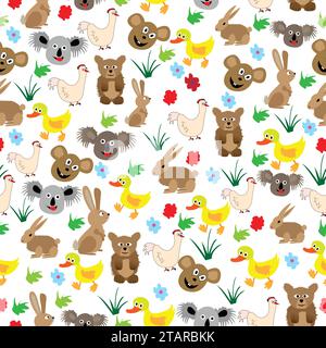 Comical seamless pattern with wild and domestic animals; many funny animal cartoons seamless to print on textile and paper, plastic bags Stock Vector