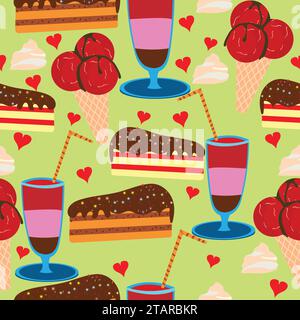Ice cream cone and piece of cake with cocktail glasses seamless pattern; sweet food items and colorful cocktail glass with small hearts design Stock Vector