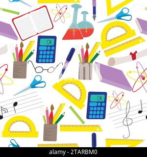 School related objects seamless pattern; Various school supplies pattern; Illustration with accesories used in school; Back to school seamless  patter Stock Vector