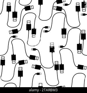 Seamless pattern with USB type A and type B and cable;  USB design with black and white; vector illustration Stock Vector