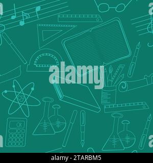 School related object outline on green background; ruler; notebook; pencil pot; pen; chemistry bottles; proprator contour design Stock Vector