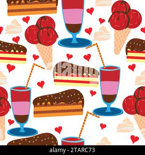 Ice cream cone and piece of cake with cocktail glasses seamless pattern; sweet food items and colorful cocktail glass with small hearts design Stock Vector
