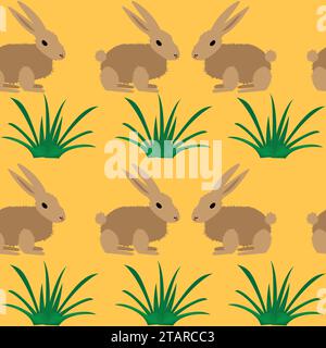 Seamless pattern with repeating rabbits rows and grass bushes Stock Vector