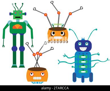 Robots isolated characters for various type of use; fous robots design, cartooned technology Stock Vector