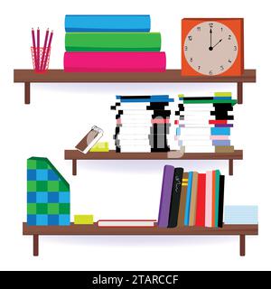 Bookshelf decoration for study group; Bookstand hanged on wall for readers; vector illustration Stock Vector