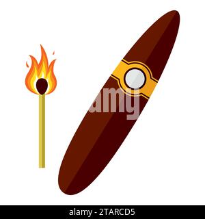 Cigar and Match. Vector Illustration isolated on white background. Stock Vector