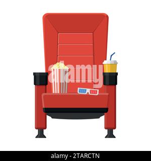 Cinema seat with popcorn, drinks and 3D glasses isolated on white background. Red comfortable armchair movie and film vector illustration Stock Vector