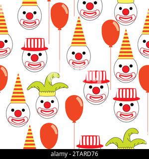 Seamless pattern with round clown faces with hats and baloons; funny clown faces with carnaval hats and baloons Stock Vector