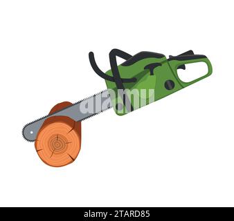 Chainsaw sawing wood tree isolated on white background. Professional instrument, working tool. Petrol chain saw. Vector illustration Stock Vector