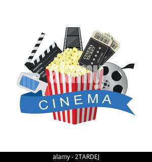 Cinema art movie watching. Cinema industry symbols icons isolated on white background. Vector Illustration Stock Vector