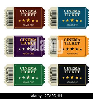 Set designed cinema tickets top view isolated on white background. Colorful tickets for movie and film vector illustration Stock Vector