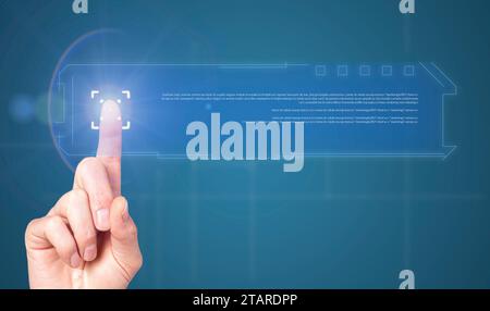 Finger touching digital screen, pressing button, choosing information. Stock Photo