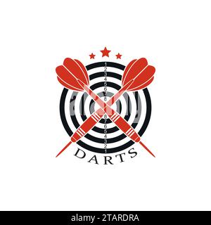 Darts label sports emblem and symbol isolated on white background. Dart board target with with crossed darts arrows icon. Vector Illustration Stock Vector