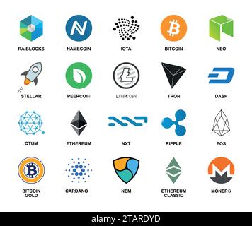 Crypto currency icon big set flat logo isolated on white background. Main blockchain cryptocurrencies collection for buying and trading network. Stock Vector