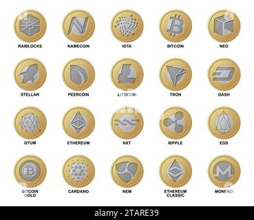 Cripto currency logo coins. Different gold silver coins blockchain cryptocurrencies collection for buying and trading network. Set of digital money Stock Vector