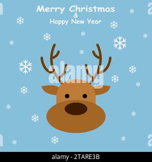 Christmas Deer in flat style with snowflakes on blue background. Vector Illustration Stock Vector