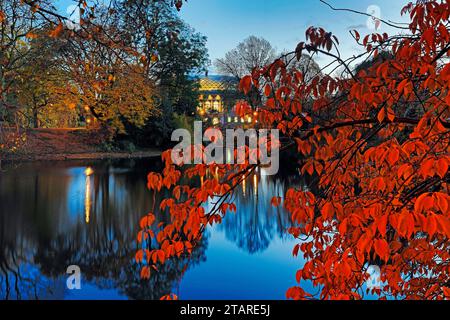 The Staendehaus K21 is reflected in the Kaiserteich in autumn in the evening, Schwanenspiegel, Duesseldorf, North Rhine-Westphalia, Germany Stock Photo