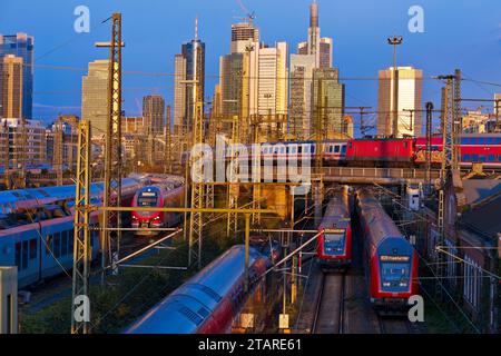 Elevated city view with many trains, central station and skyscrapers, Frankfurt am Main, Hesse, Germany Stock Photo