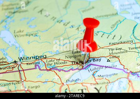 Thunder Bay, Canada pin on map Stock Photo