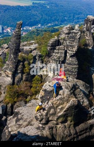 Climbers in the Schrammstein area in Saxon Switzerland Stock Photo