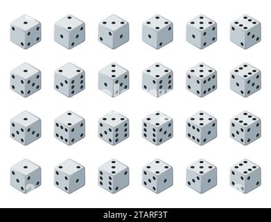 Set 24 authentic icons of dice in all possible turns. Twenty four variants loss dice. White game cubes isolated on white background. Board games dice Stock Vector