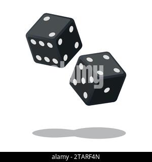 Two black dices isolated on white background with shadow. Dice gambling. Black cubes vector illustration Stock Vector