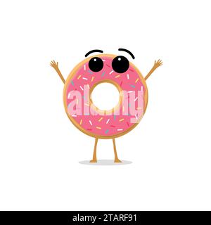 Funny and cute Donut with pink glazing and sprinkles character isolated on white background. Donut with smiling human face vector illustration. Kids r Stock Vector