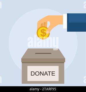 Money box donate and coin in hand. Man throws gold coin in a box for donations. Donation box giving money. Vector illustration in flat style design. Stock Vector