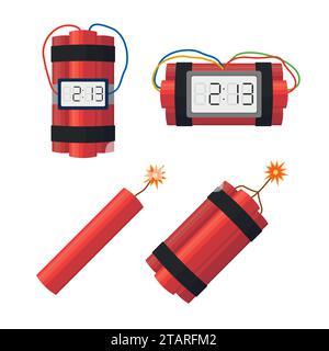 Set dynamite bombs explosion with timer detonate and wire, dynamite with burning wick isolated on white background. Vector dynamite bomb danger Stock Vector