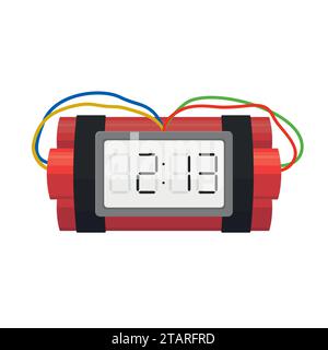 Dynamite bomb explosion with timer detonate and wire isolated on white background. Vector dynamite bomb danger explosive weapon in flat style. Stock Vector